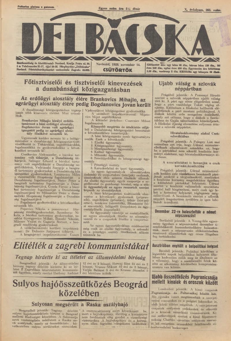 Délbácska, 10. évf. 1929. november 14. 265. sz.