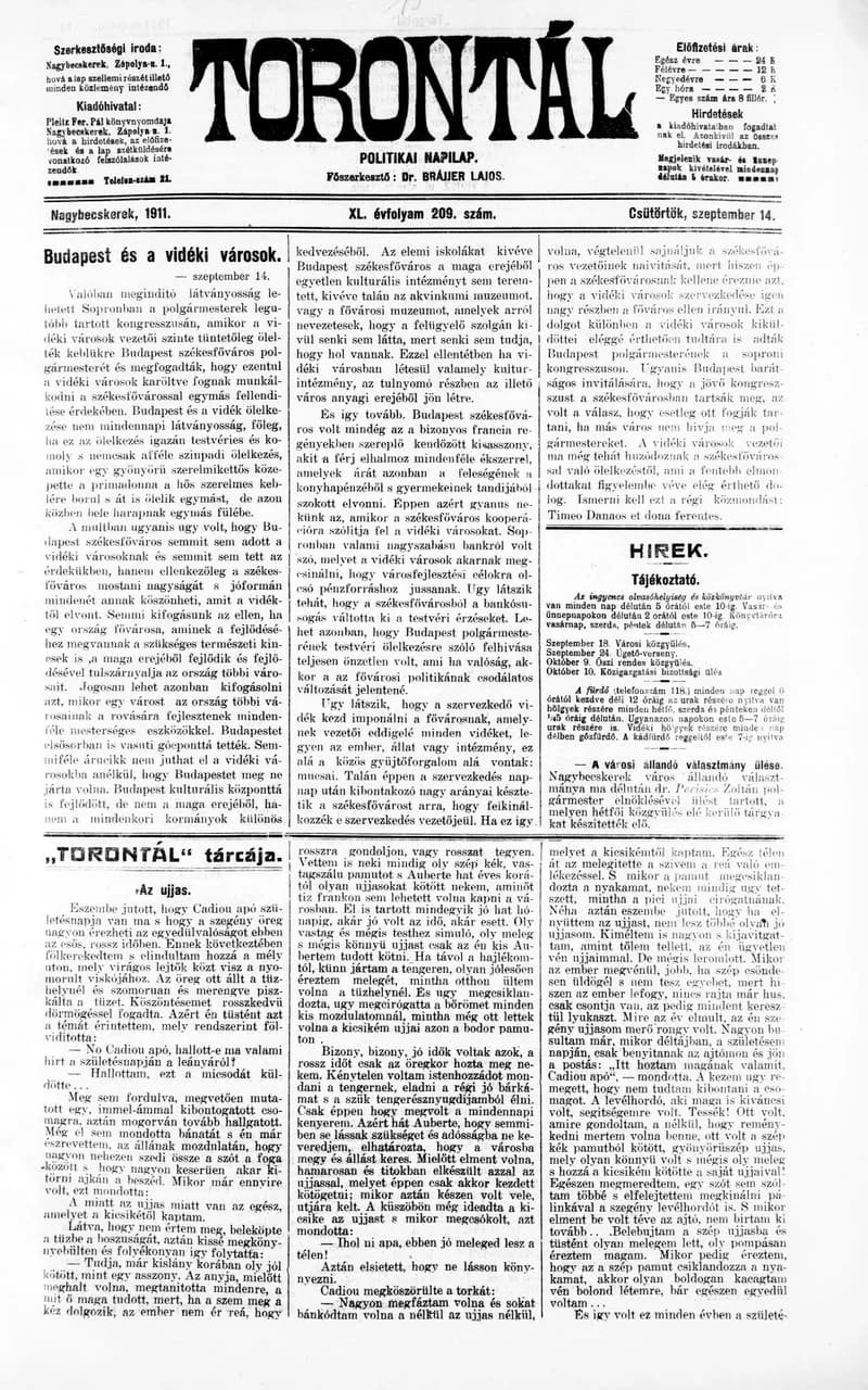 Torontál, 40. évf. 1911. szeptember 14. 209. sz.
