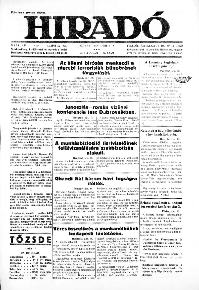 Híradó, 59. évf. 1930. április 19. 92. sz.