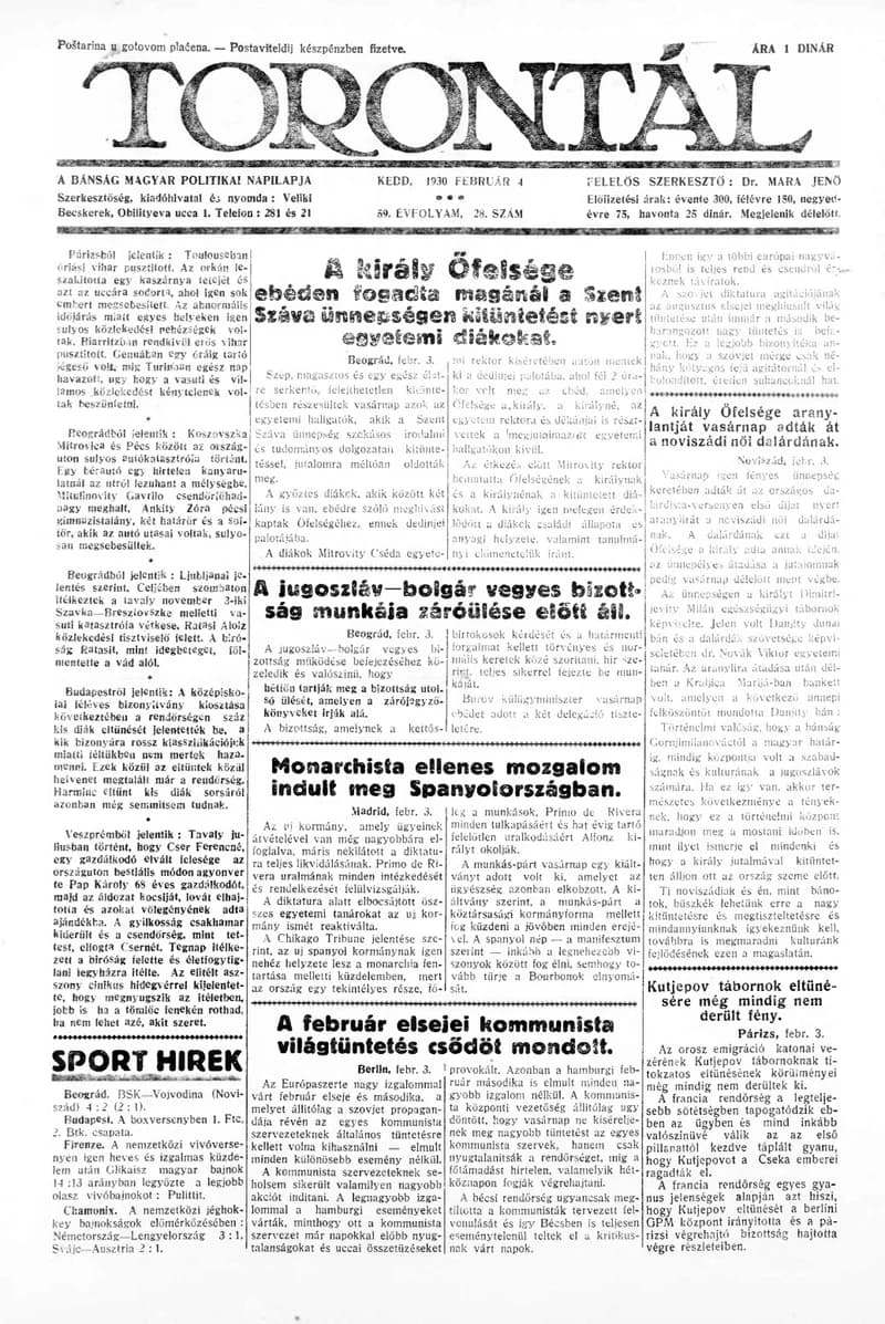 Torontál, 59. évf. 1930. február 4. 28. sz.