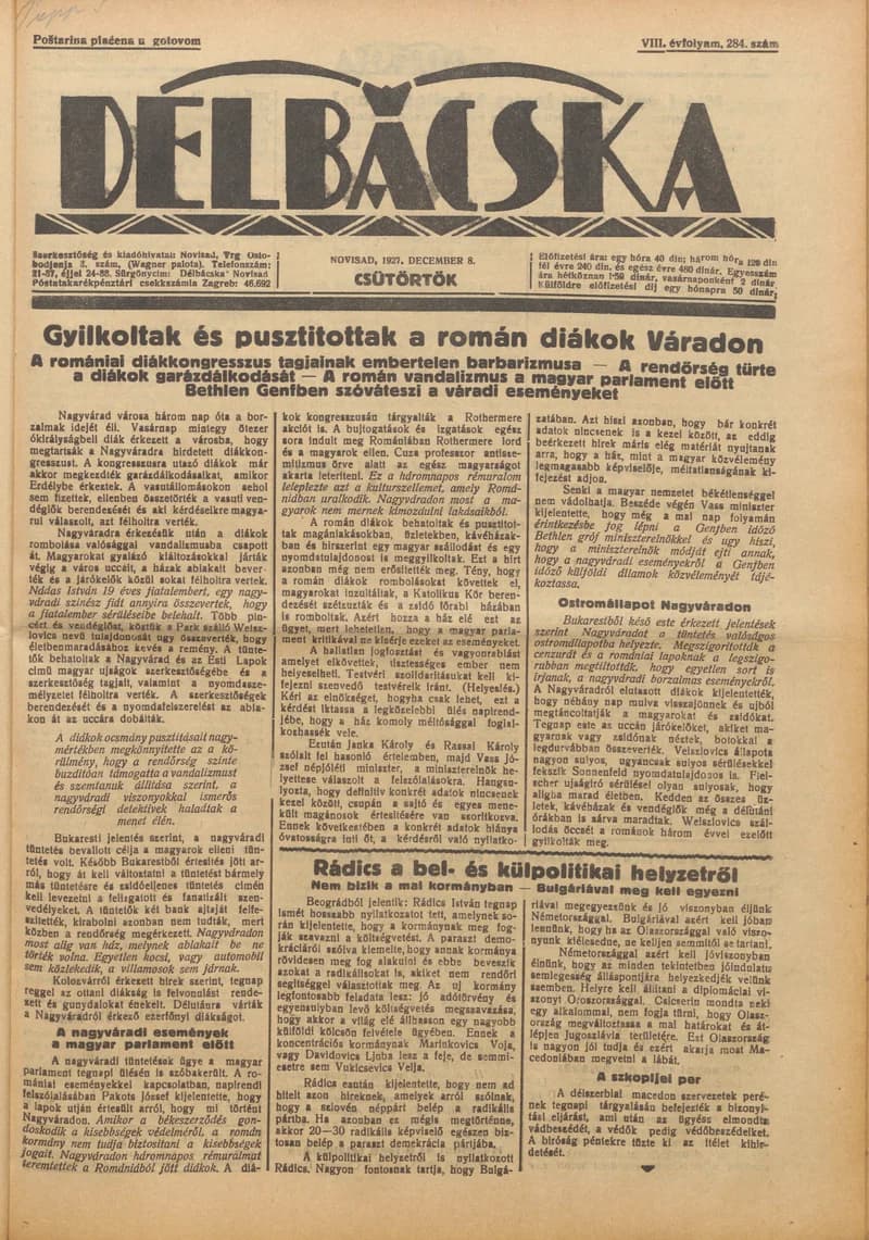 Délbácska, 8. évf. 1927. december 8. 284. sz.
