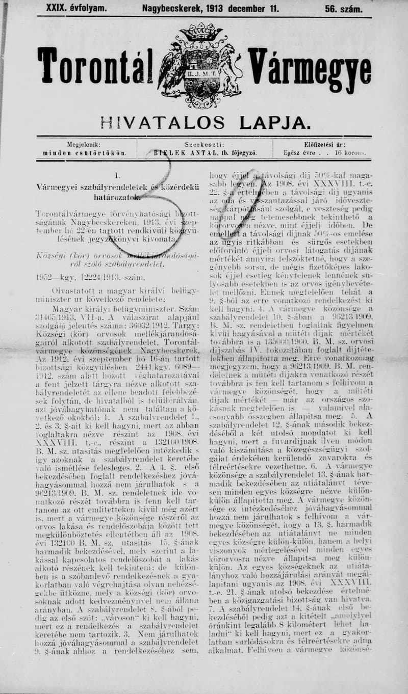 Torontál Vármegye Hivatalos Lapja, 29. évf. 1913. december 11. 56. sz.