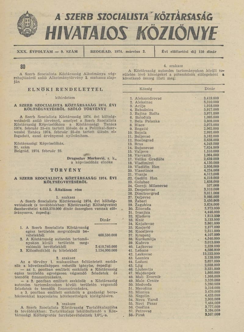 A Szerb Szocialista Köztársaság Hivatalos Közlönye, 30. évf. 1974. március 2. 9. sz. 393–432. oldal