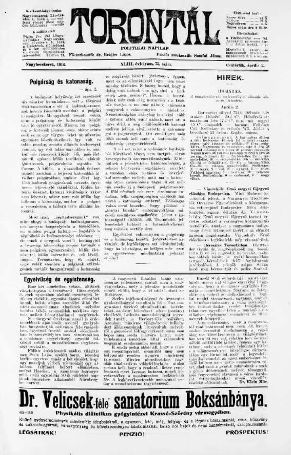 Torontál, 43. évf. 1914. április 2. 75. sz.