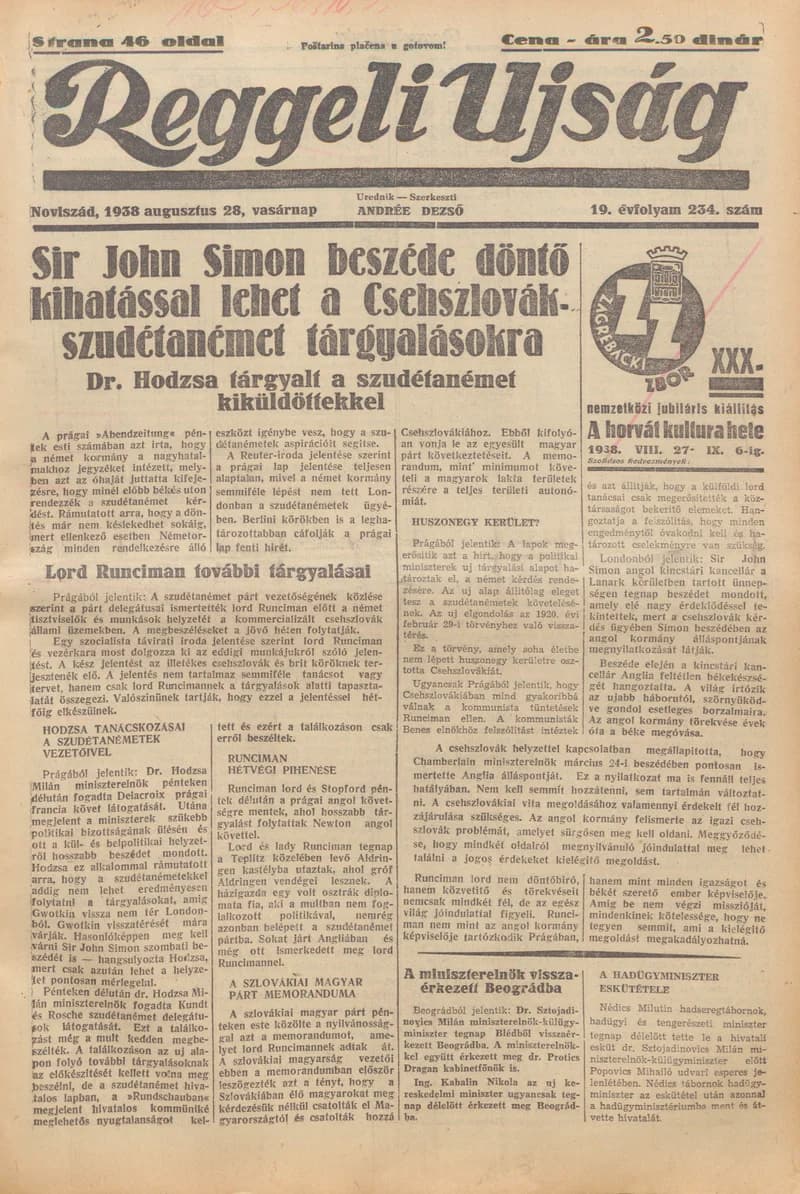 Reggeli Újság, 19. évf. 1938. augusztus 28. 234. sz.