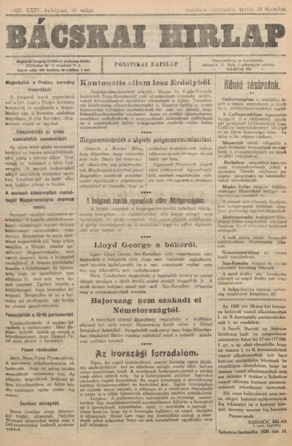 Bácskai Hirlap, 24. évf. 1920. április 24. 45. sz.