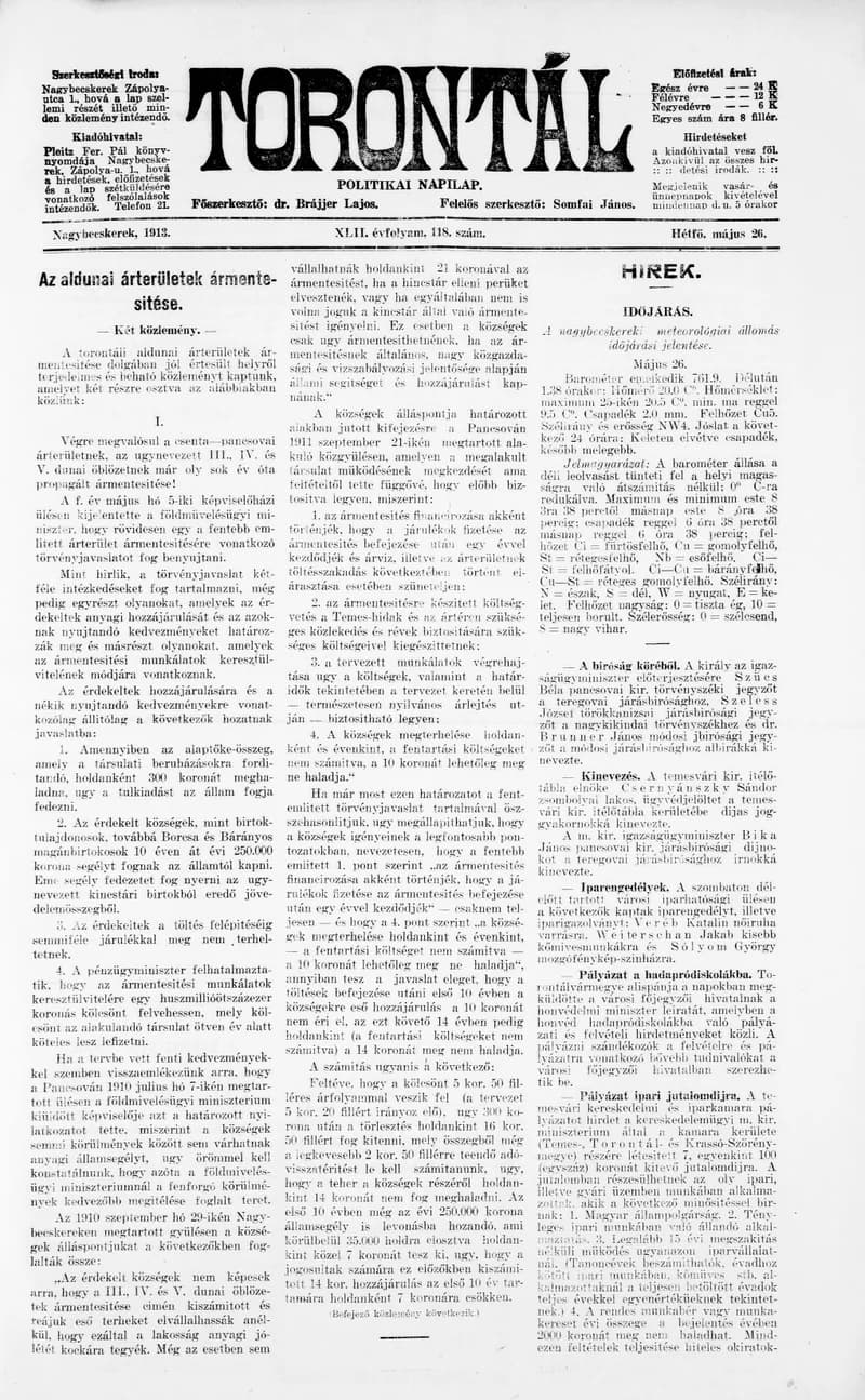 Torontál, 42. évf. 1913. május 26. 118. sz.