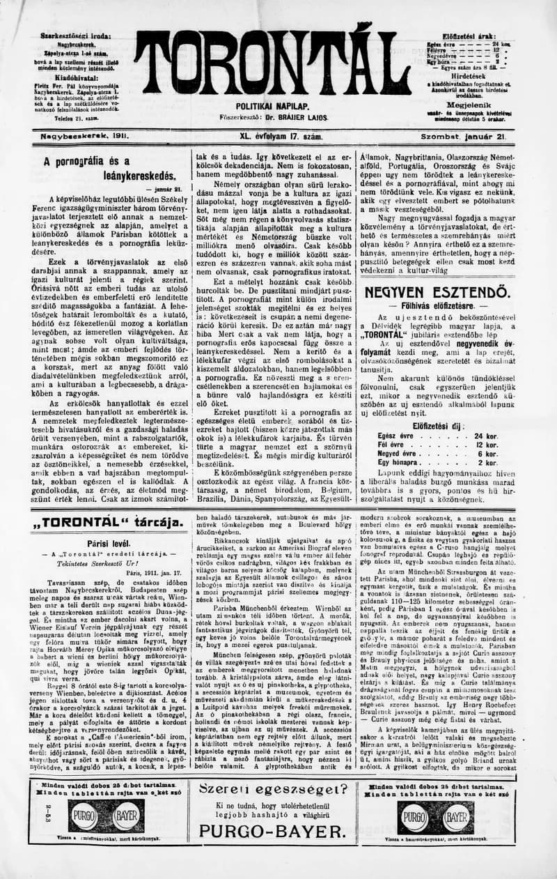 Torontál, 40. évf. 1911. január 21. 17. sz.