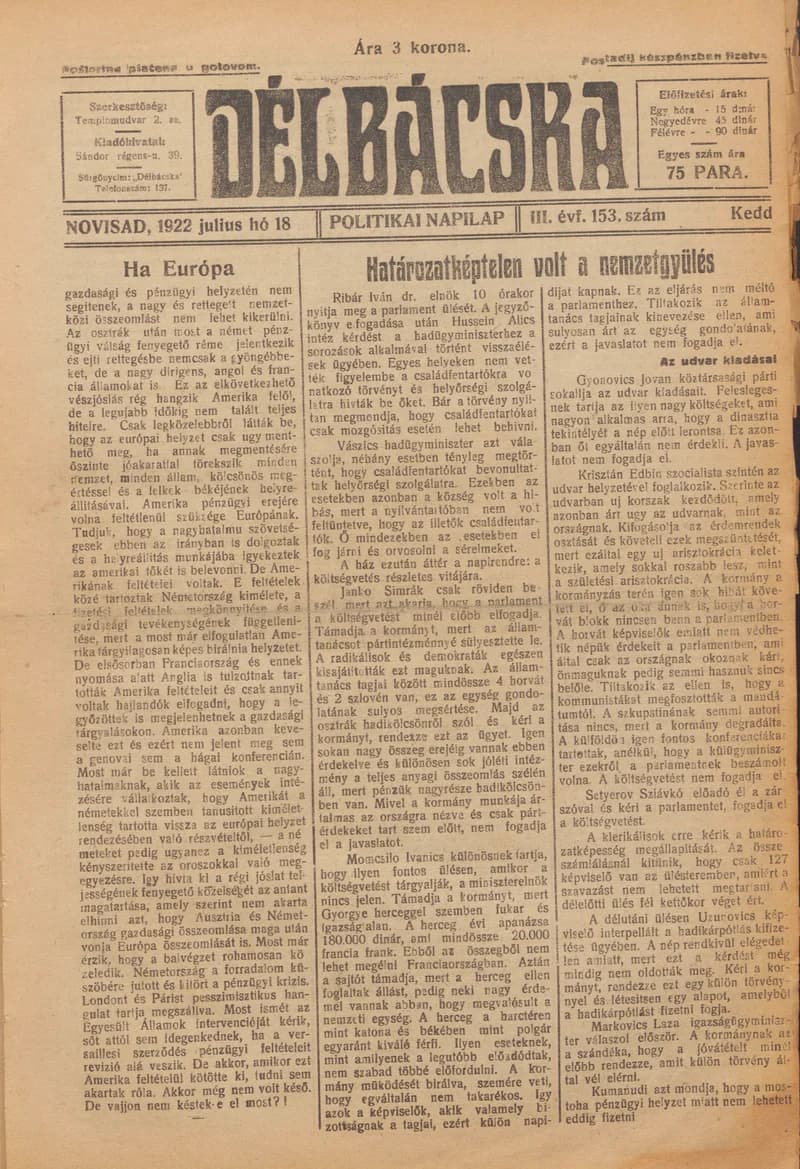 Délbácska, 3. évf. 1922. július 18. 153. sz.