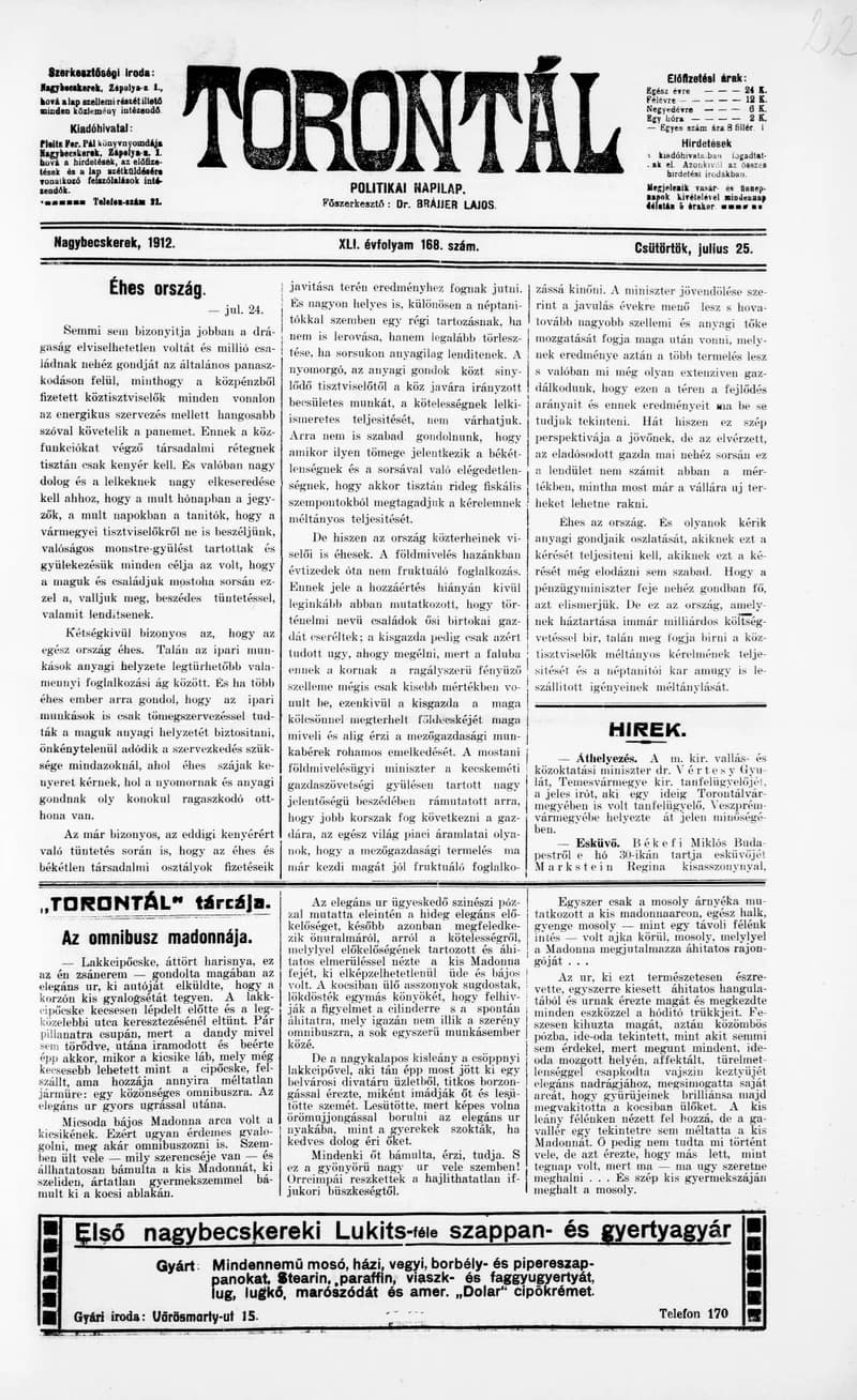 Torontál, 41. évf. 1912. július 25. 168. sz.