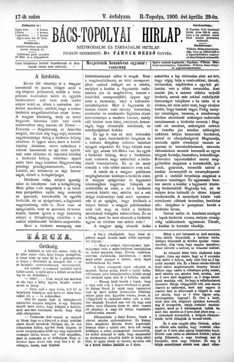 Bács-Topolyai Hirlap, 5. évf. 1900. április 29. 17. sz.