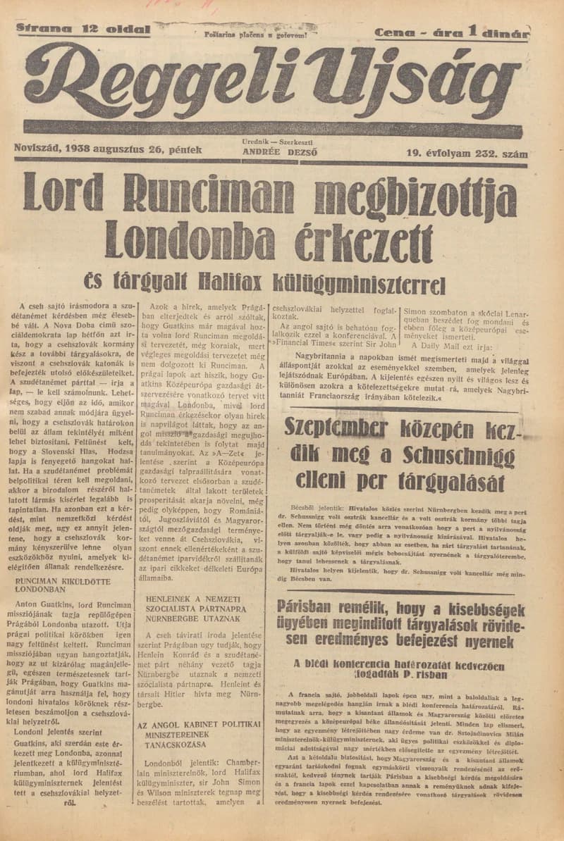 Reggeli Újság, 19. évf. 1938. augusztus 26. 232. sz.