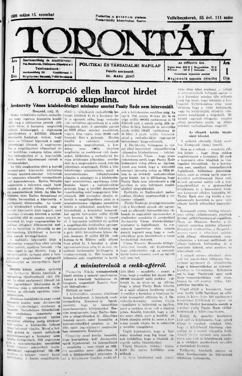 Torontál, 55. évf. 1926. május 15. 111. sz.