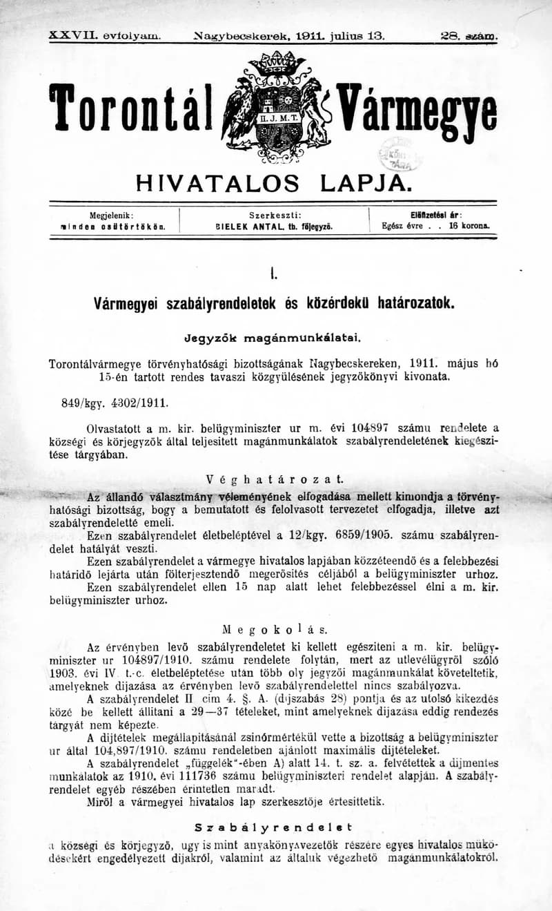Torontál Vármegye Hivatalos Lapja, 27. évf. 1911. július 13. 28. sz.