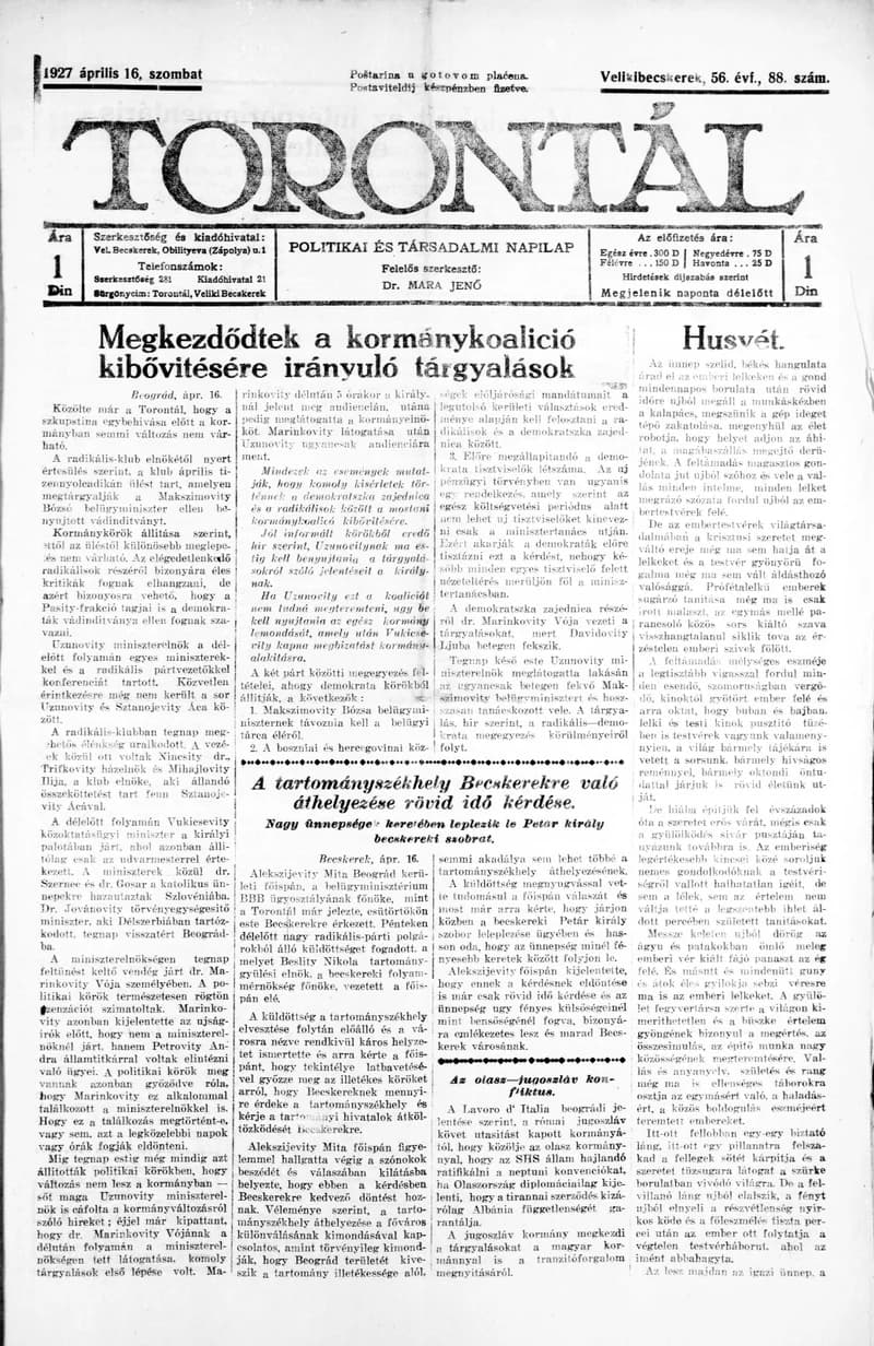 Torontál, 56. évf. 1927. április 16. 88. sz.