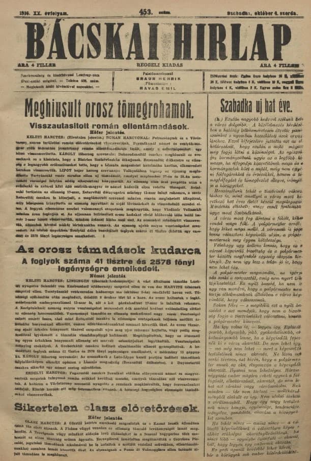 Bácskai Hirlap, 20. évf. 1916. október 4. 453. sz.