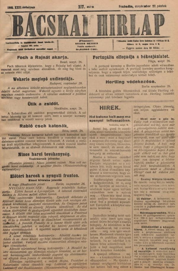 Bácskai Hirlap, 22. évf. 1918. szeptember 27. 217. sz.