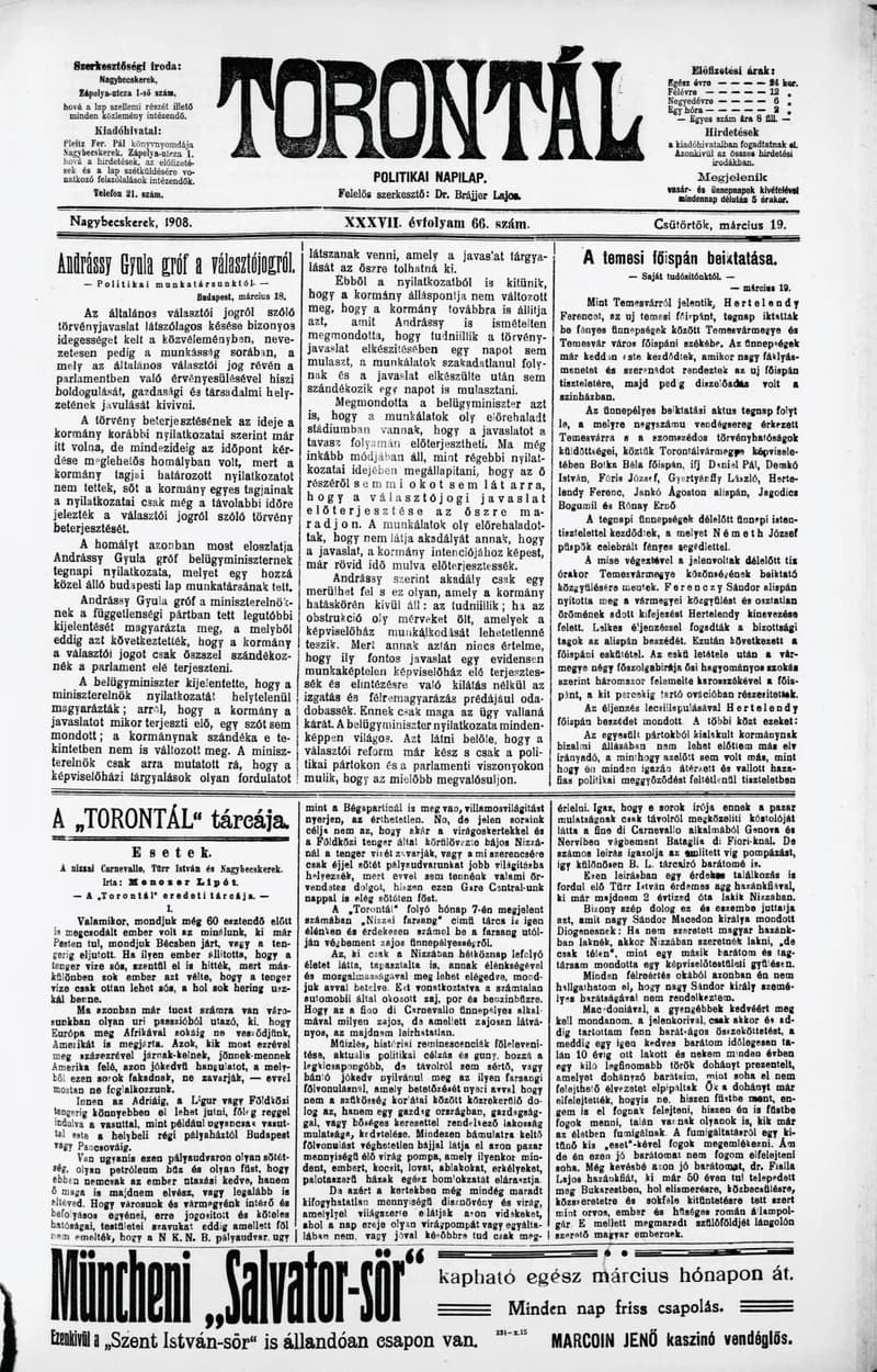 Torontál, 37. évf. 1908. március 19. 66. sz.