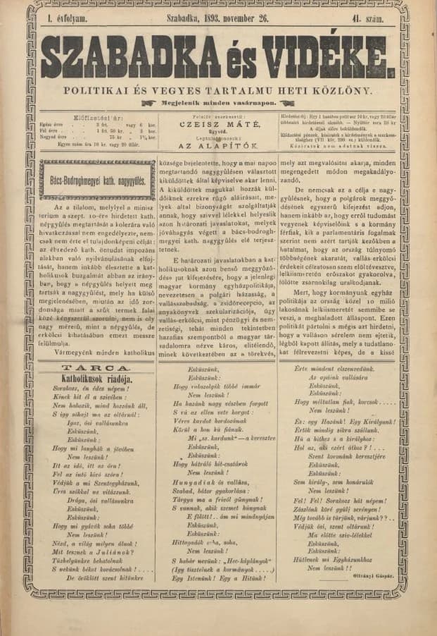 Szabadka és vidéke II, 1. évf. 1893. november 26. 41. sz.