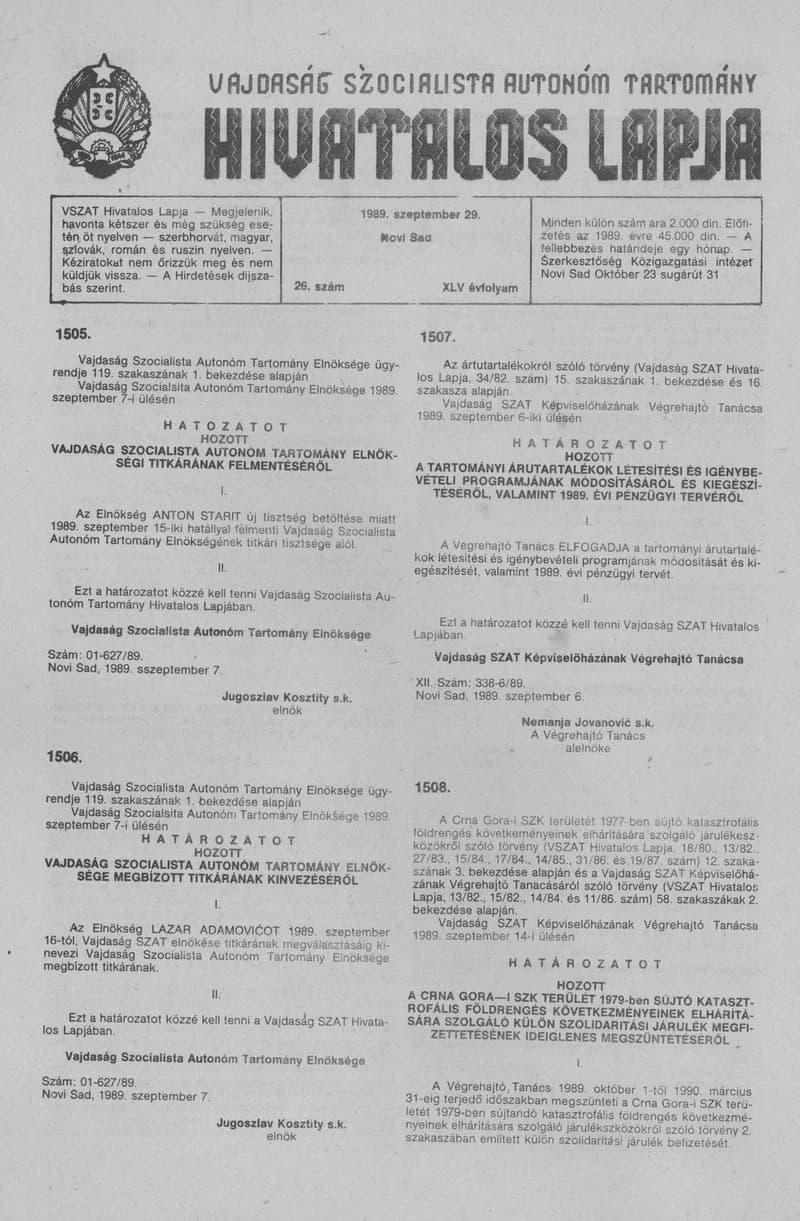 Vajdaság Szocialista Autonóm Tartomány Hivatalos Lapja, 45. évf. 1989. szeptember 29. 26. sz.