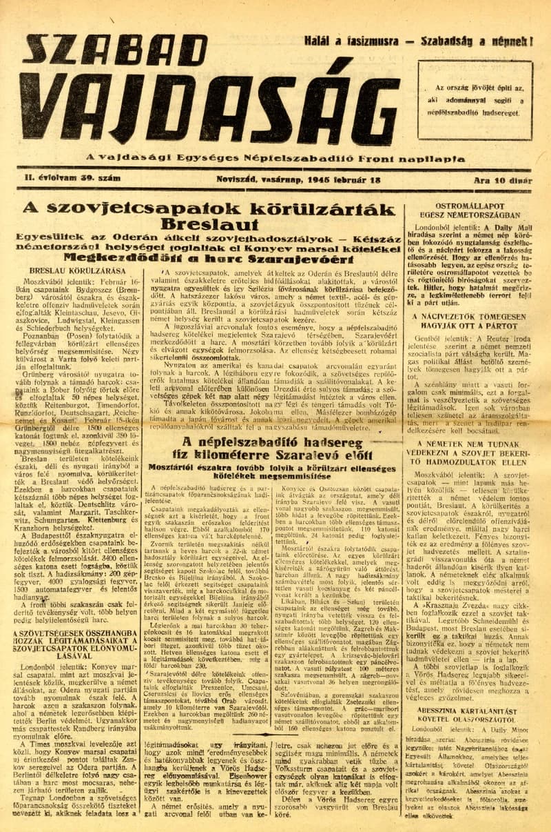Szabad Vajdaság, 2. évf. 1945. február 18. 39. sz.