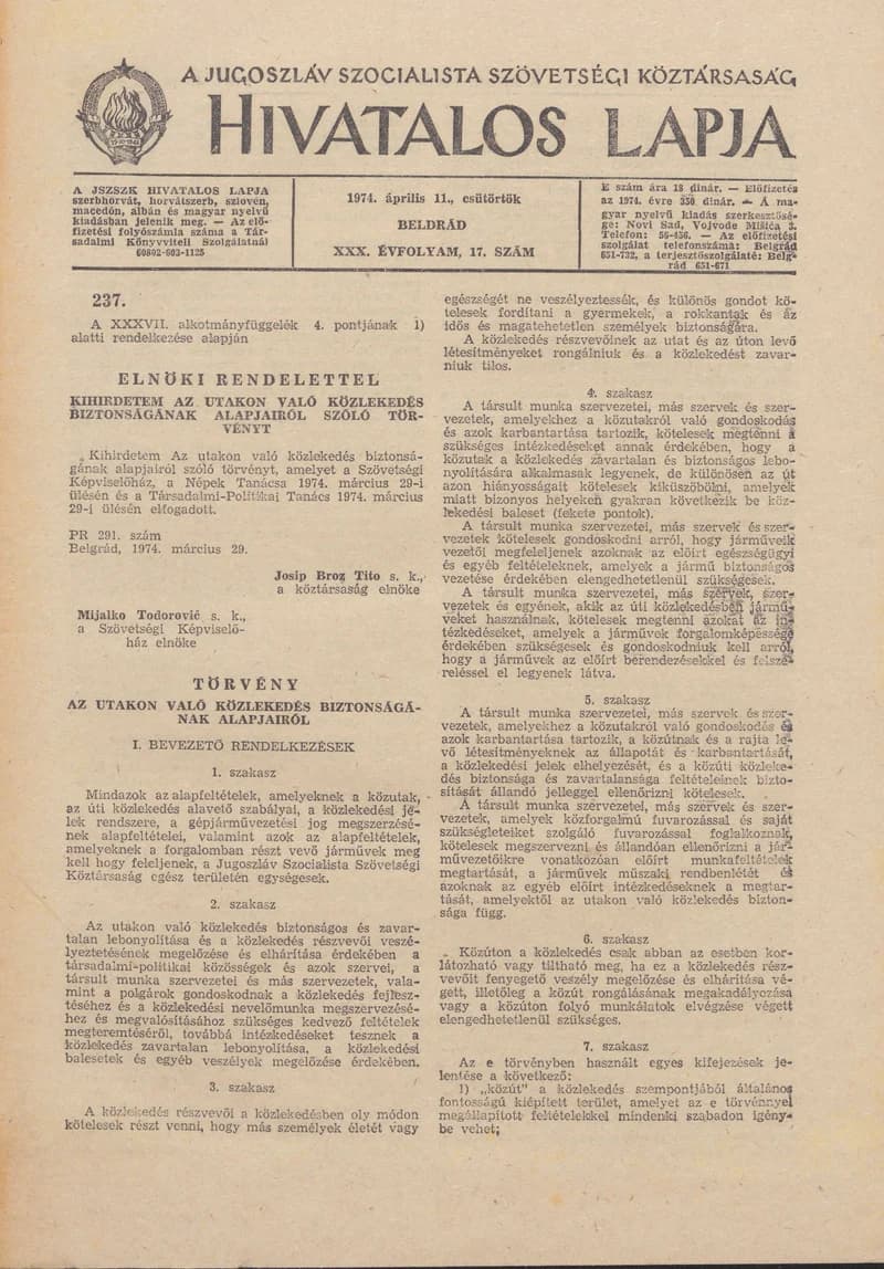 A Jugoszláv Szocialista Szövetségi Köztársaság Hivatalos Lapja, 30. évf. 1974. április 11. 17. sz. 425–496. oldal