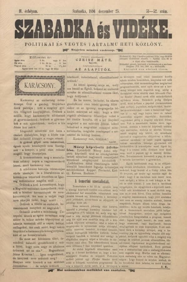 Szabadka és vidéke II, 4. évf. 1896. december 25. 51–52. sz.