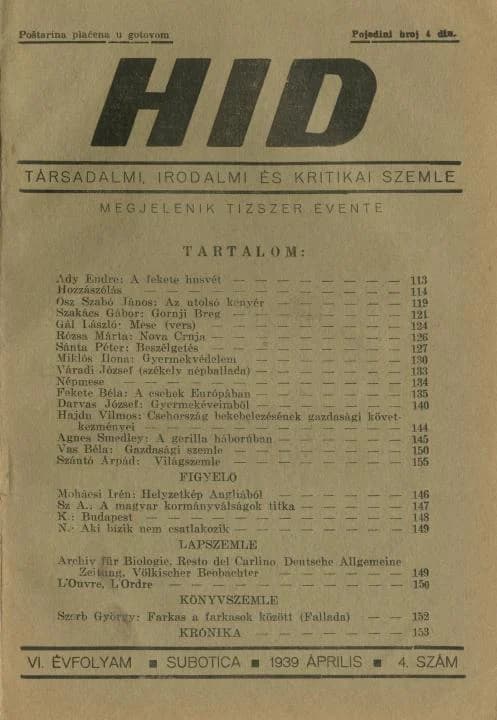 Híd, 6. évf. 1939. április. 4. sz. 113–160. oldal