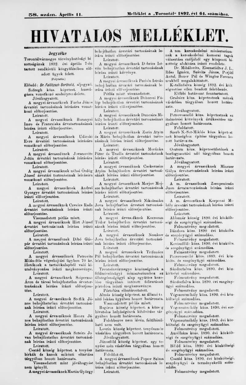 A Totontál  hivatalos melléklete, 5. évf. 1892. április 11. 58. sz.