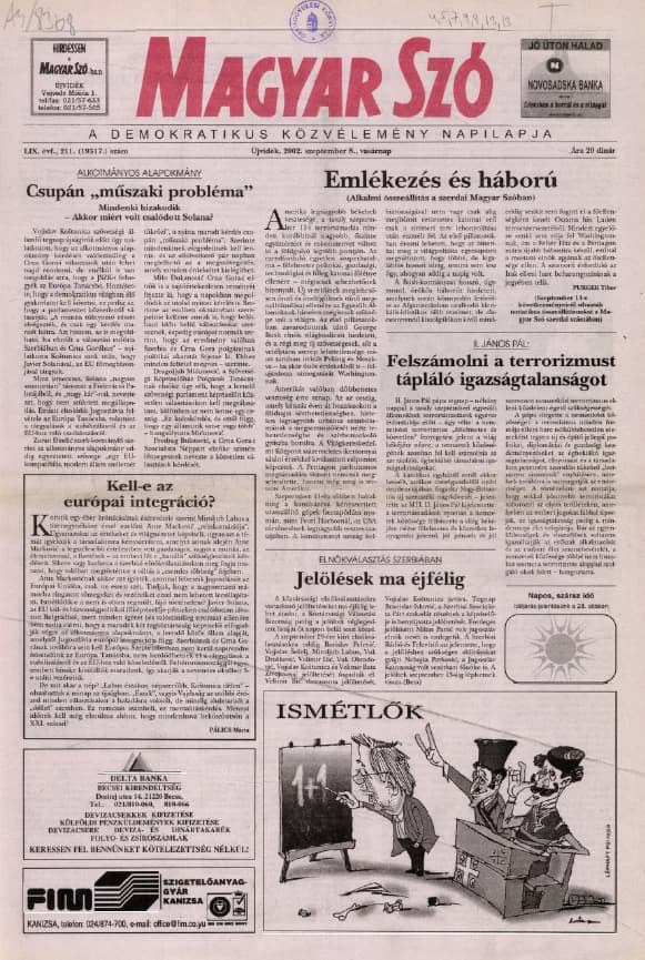Magyar Szó, 59. évf. 2002. szeptember 8. 211. sz. 1–28. oldal