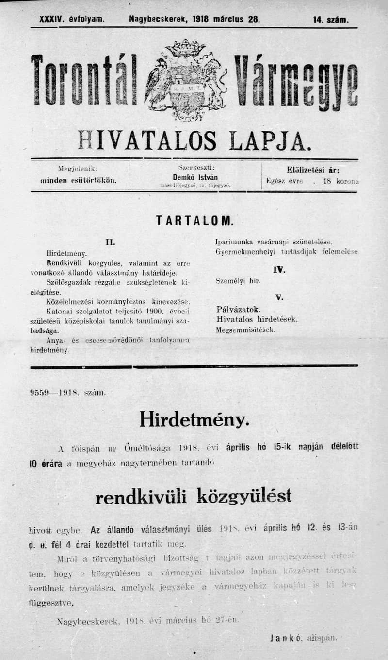 Torontál Vármegye Hivatalos Lapja, 34. évf. 1918. március 28. 14. sz.
