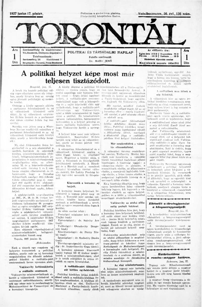 Torontál, 56. évf. 1927. június 17. 136. sz.