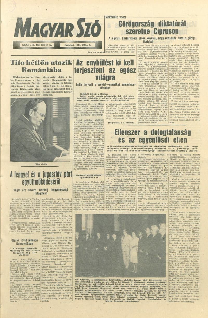 Magyar Szó, 31. évf. 1974. július 6. 183. sz. 1–16. oldal