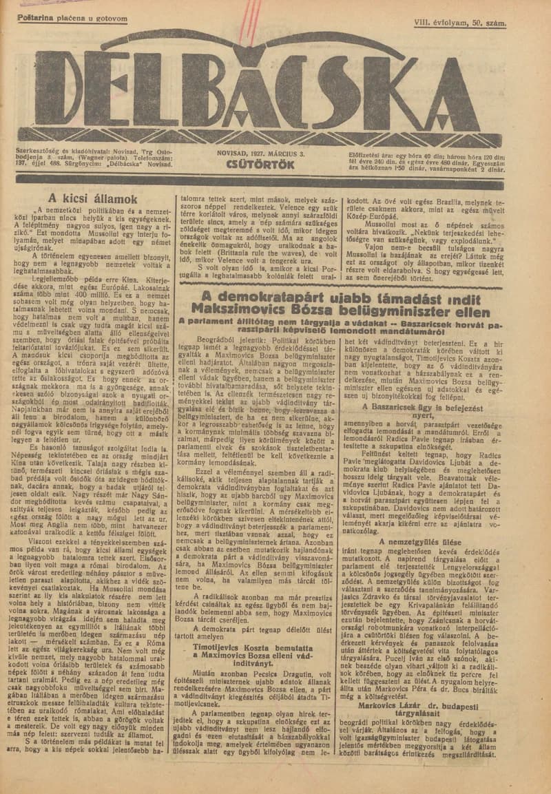 Délbácska, 8. évf. 1927. március 3. 50. sz.