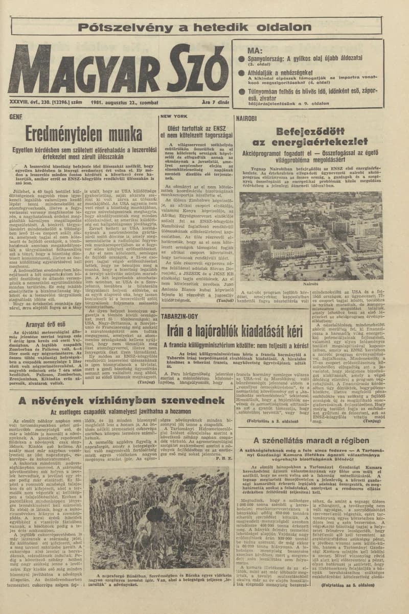Magyar Szó, 38. évf. 1981. augusztus 22. 230. sz.