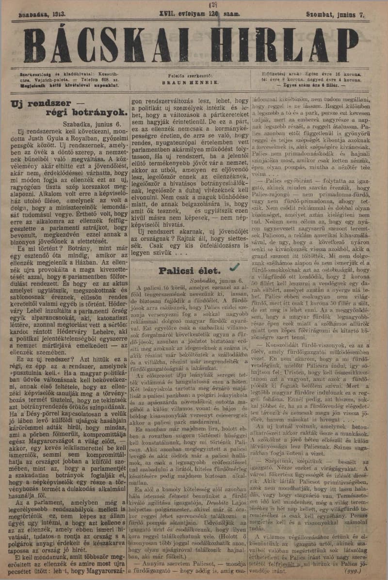 Bácskai Hirlap, 17. évf. 1913. június 7. 129. sz.