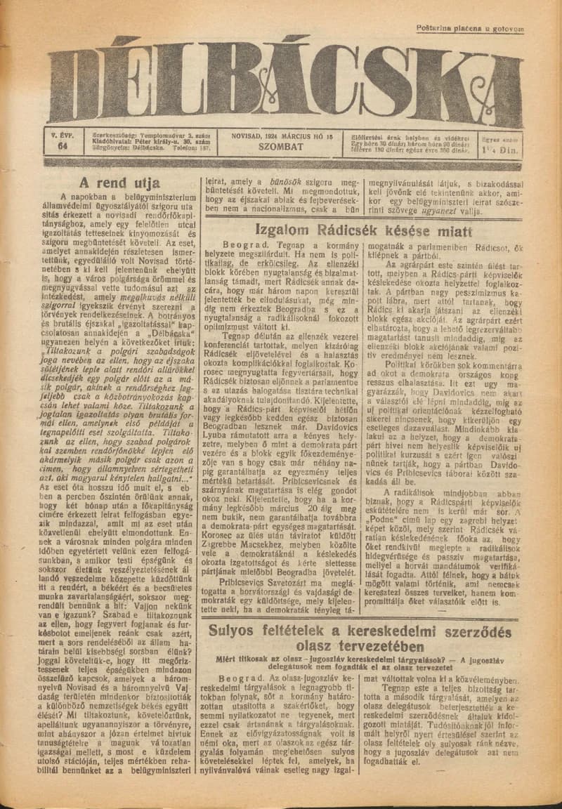 Délbácska, 5. évf. 1924. március 15. 64. sz.