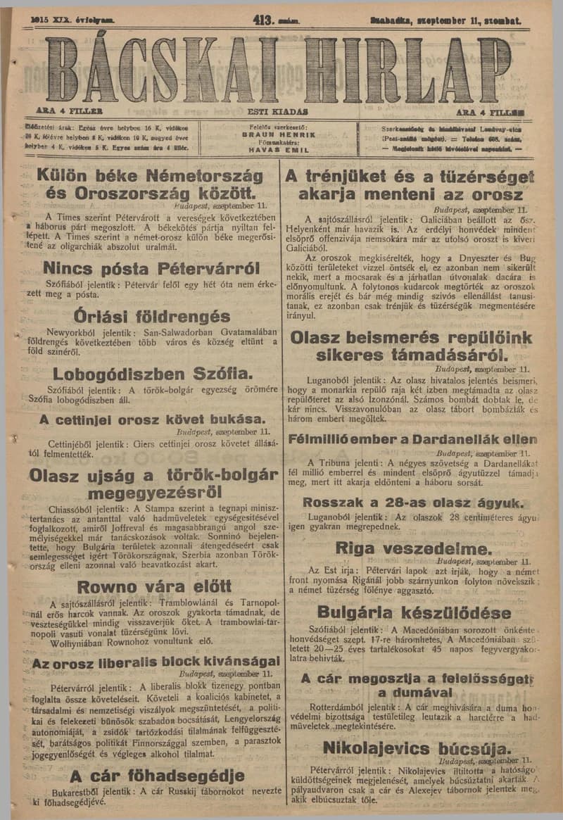 Bácskai Hirlap, 19. évf. 1915. szeptember 11. 413. sz.