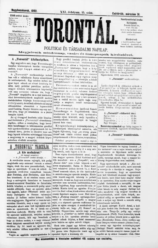 Torontál, 21. évf. 1892. március 31. 55. sz.