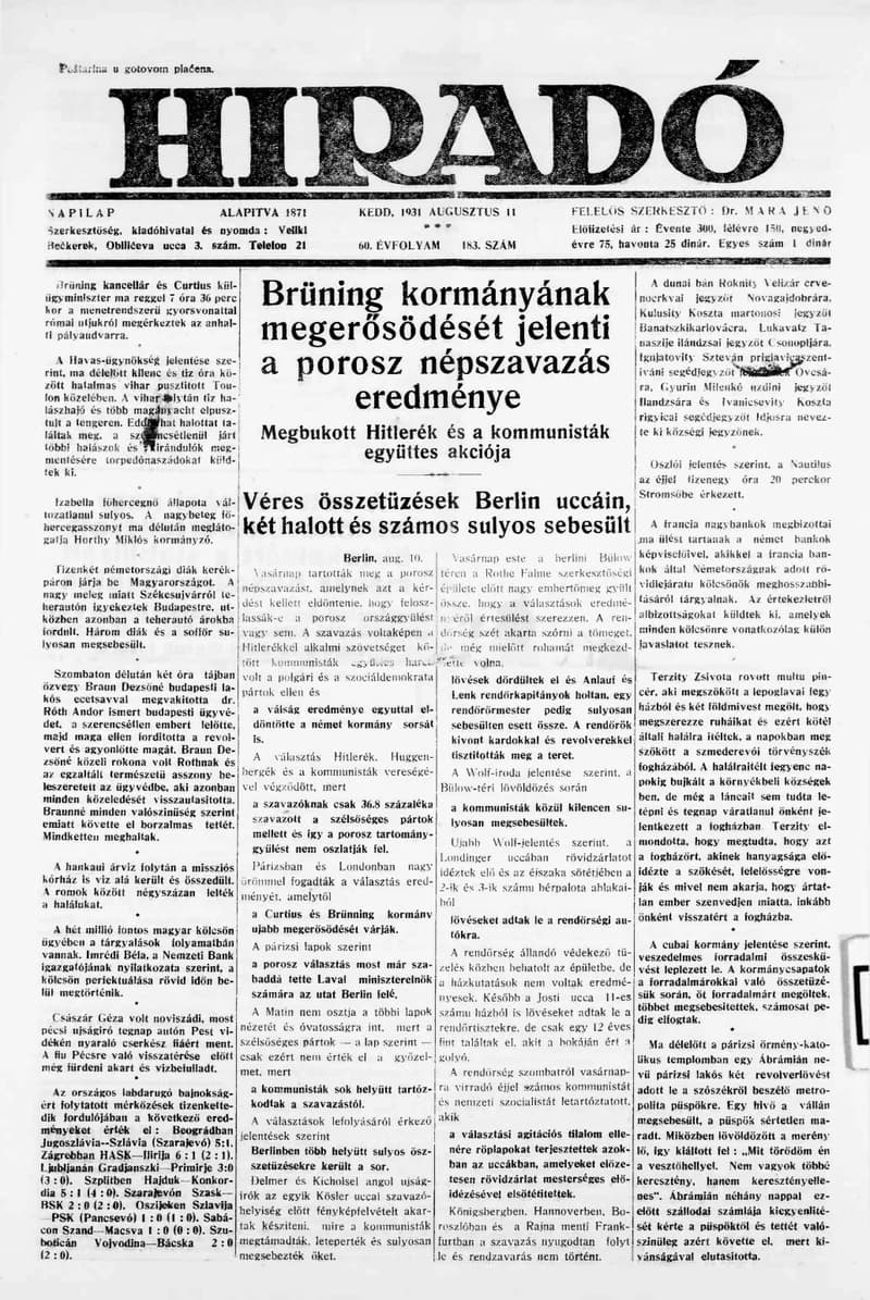 Híradó, 60. évf. 1931. augusztus 11. 183. sz.