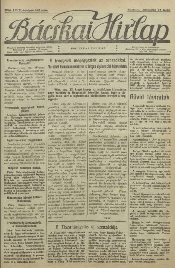 Bácskai Hirlap, 24. évf. 1920. augusztus 24. 133. sz.