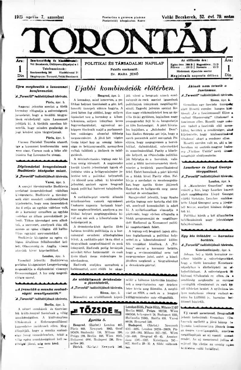 Torontál, 52. évf. 1923. április 7. 79. sz.