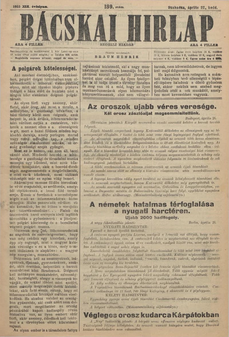 Bácskai Hirlap, 19. évf. 1915. április 27. 189. sz.