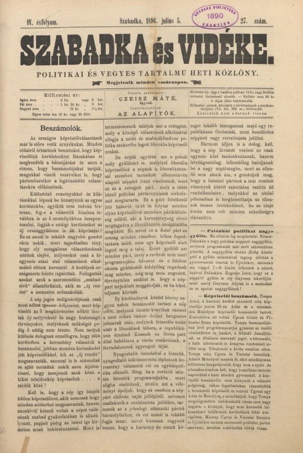 Szabadka és vidéke II, 4. évf. 1896. július 5. 27. sz.