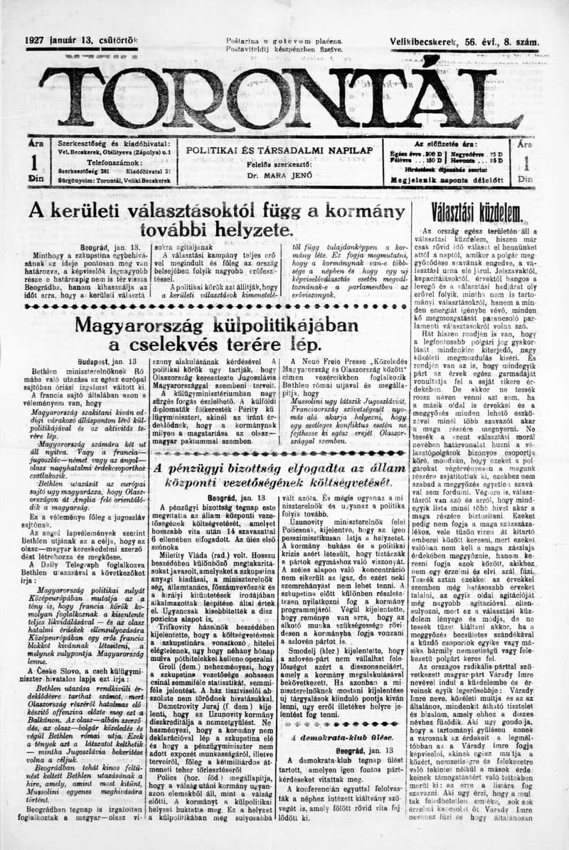 Torontál, 56. évf. 1927. január 13. 8. sz.