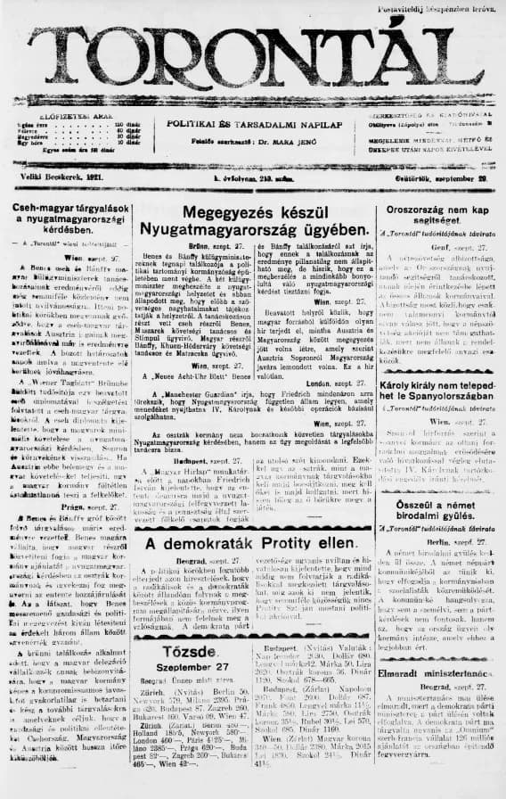 Torontál, 50. évf. 1921. szeptember 29. 213. sz.