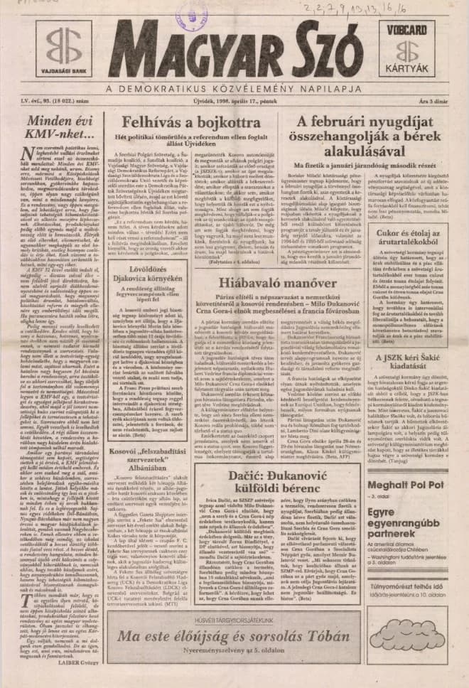 Magyar Szó, 55. évf. 1998. április 17. 93. sz. 1–16. oldal