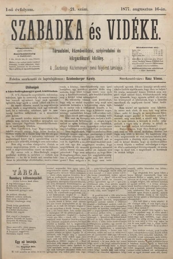 Szabadka és vidéke, 1. évf. 1877. augusztus 16. 21. sz.