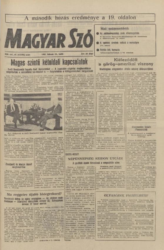 Magyar Szó, 42. évf. 1985. február 18. 47. sz. 1–20. oldal