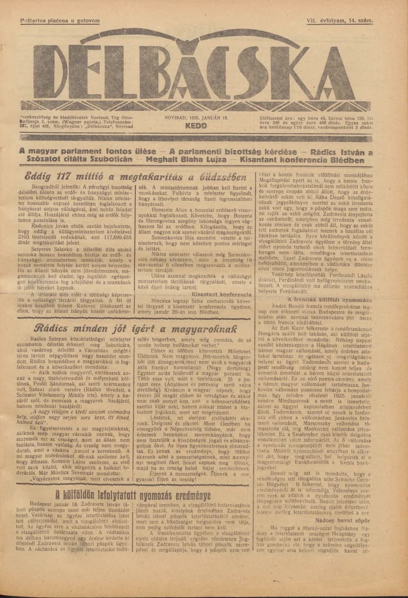 Délbácska, 7. évf. 1926. január 19. 14. sz.